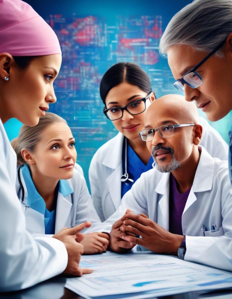 A diverse group of patients passionately discussing cancer research, surrounded by vibrant charts and research papers. The background should depict a modern hospital or research lab, symbolizing hope and innovation. Include emotional expressions of determination and unity. super-realistic. vibrant colors. 3D.