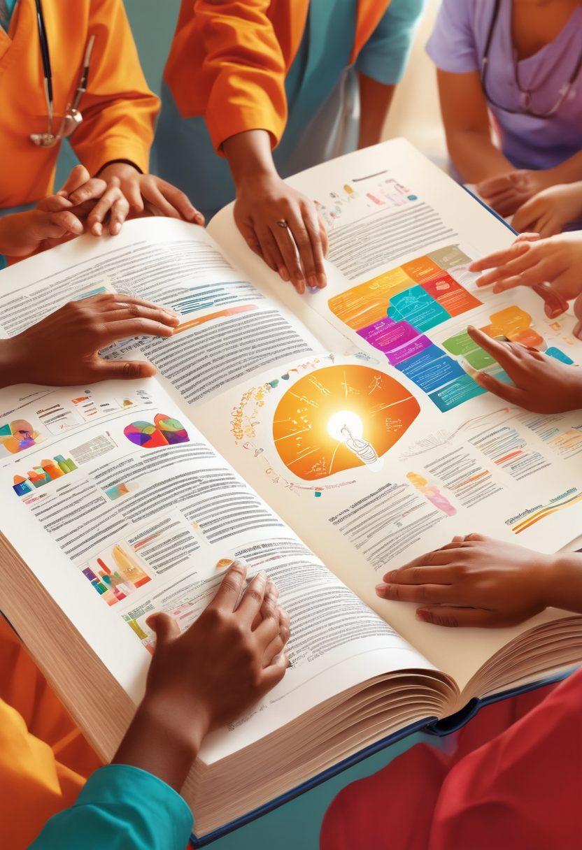 A vibrant illustration of a diverse group of patients interacting with a large, open book filled with colorful infographics and resource materials. In the background, a supportive healthcare team engages with them, symbolizing empowerment and knowledge sharing. Various symbols of hope, such as light bulbs and hands reaching out, float around, representing the journey from awareness to action. warm colors. digital art.
