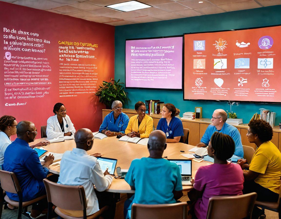 A diverse group of patients and healthcare advocates engaging in an enlightening discussion, surrounded by books and digital resources on cancer education. The setting features warm lighting, inspiring quotes on cancer advocacy visible in the background, and an atmosphere of hope. Include infographics about cancer statistics on a digital screen. colorful illustration. vibrant colors. inviting atmosphere.